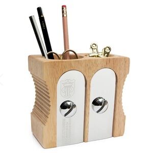 SuckUK Double Sharpener Desk Tidy Cup Pencil Gift Back to School Light Wood Cult